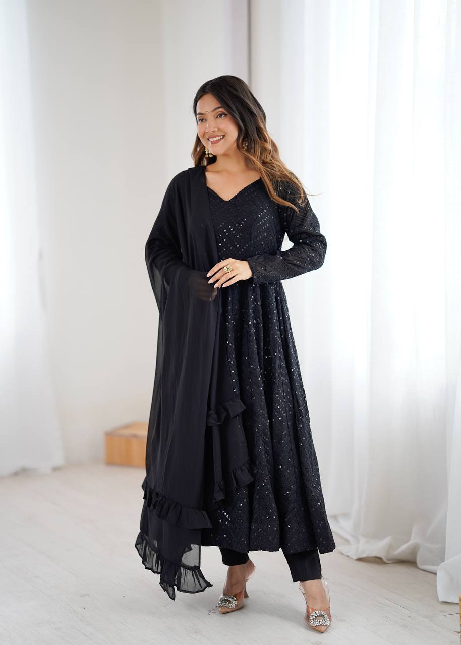 AVNVERI TEXTILES Women’s Black Embroidered Anarkali Kurta Pant Dupatta Set | Flared Ethnic Suit Set with Sequin Detailing & Ruffle Dupatta for Festive Party Wear