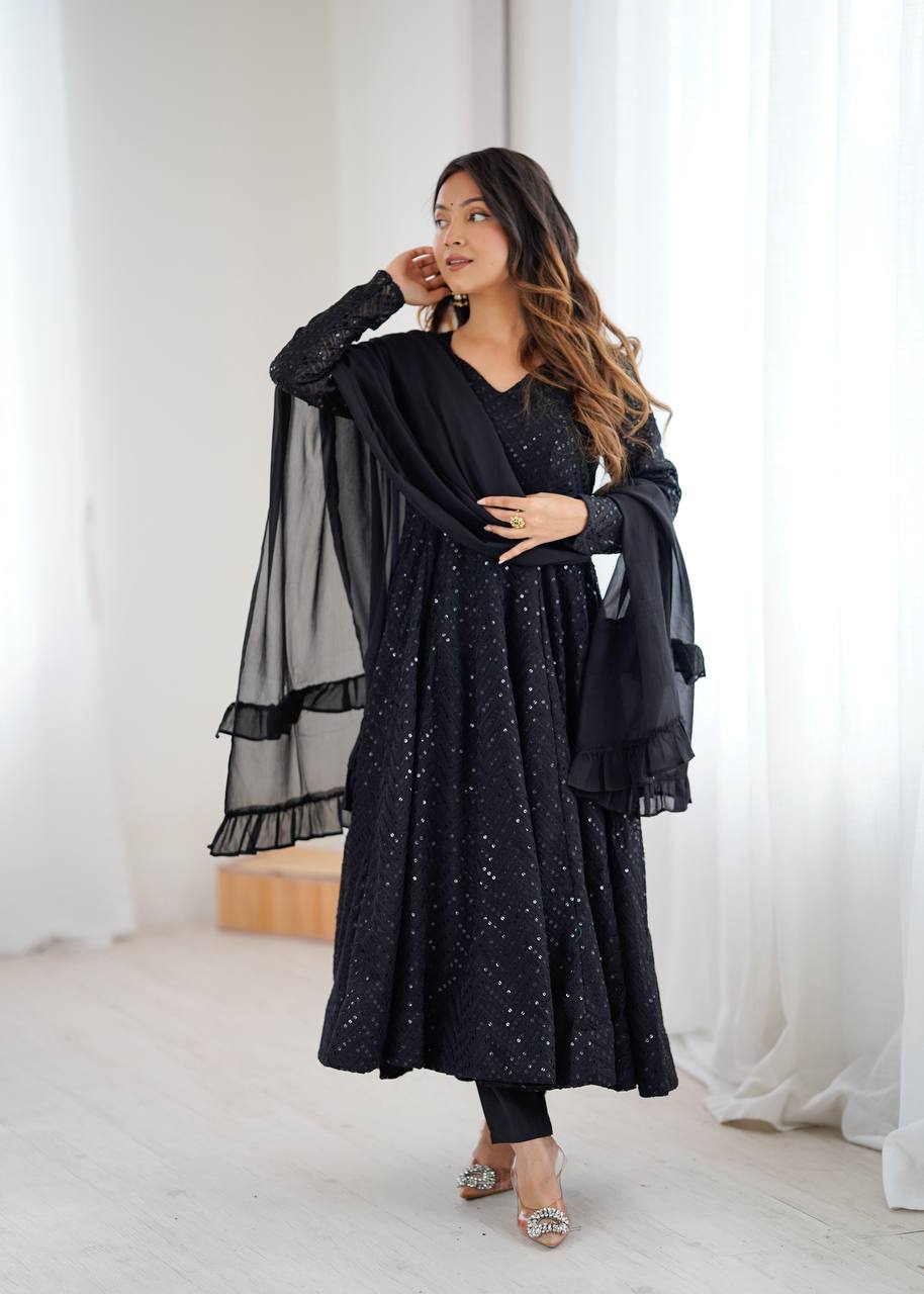 AVNVERI TEXTILES Women’s Black Embroidered Anarkali Kurta Pant Dupatta Set | Flared Ethnic Suit Set with Sequin Detailing & Ruffle Dupatta for Festive Party Wear