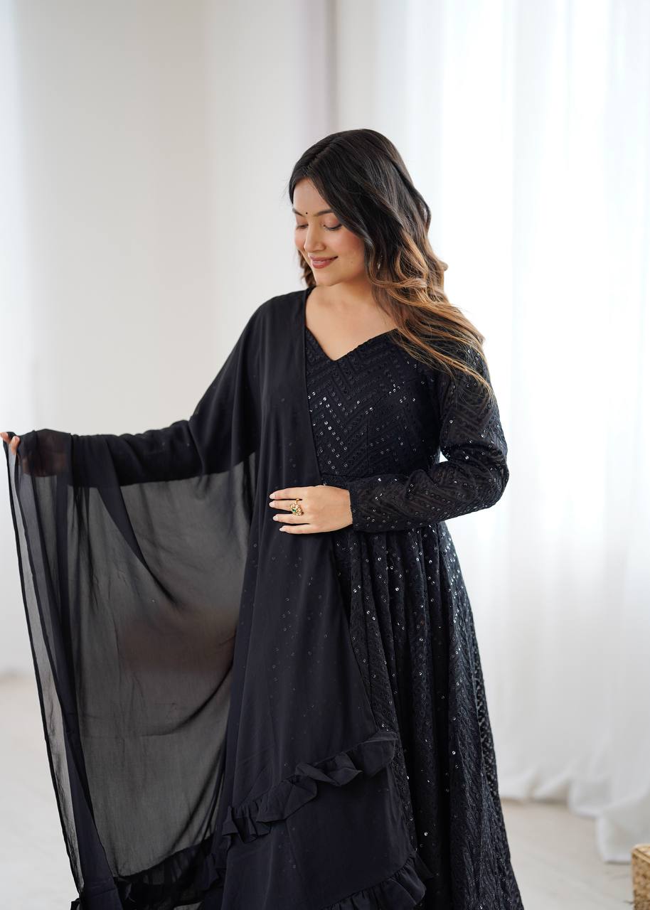 AVNVERI TEXTILES Women’s Black Embroidered Anarkali Kurta Pant Dupatta Set | Flared Ethnic Suit Set with Sequin Detailing & Ruffle Dupatta for Festive Party Wear