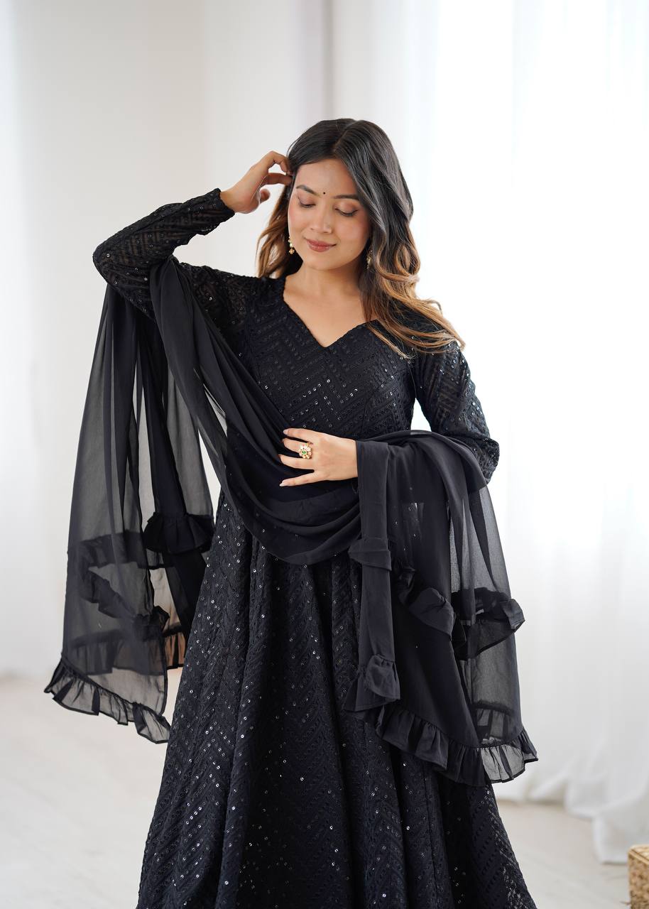 AVNVERI TEXTILES Women’s Black Embroidered Anarkali Kurta Pant Dupatta Set | Flared Ethnic Suit Set with Sequin Detailing & Ruffle Dupatta for Festive Party Wear