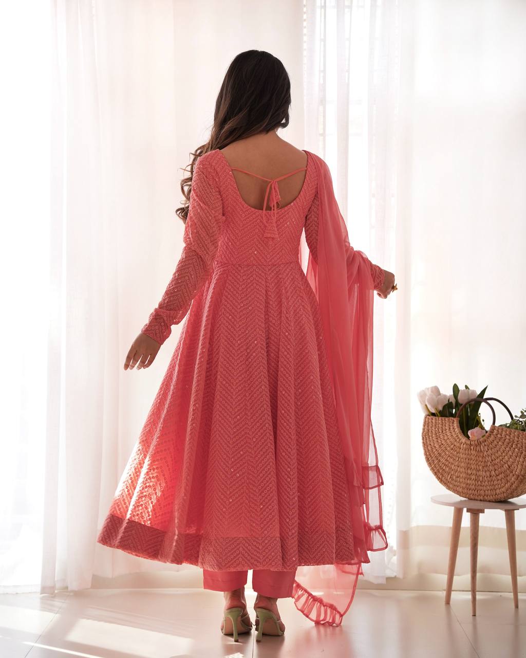 ANVERI TEXTILES Women’s PEACH Embroidered Anarkali Kurta Pant Dupatta Set | Flared Ethnic Suit Set with Sequin Detailing & Ruffle Dupatta for Festive Party Wear