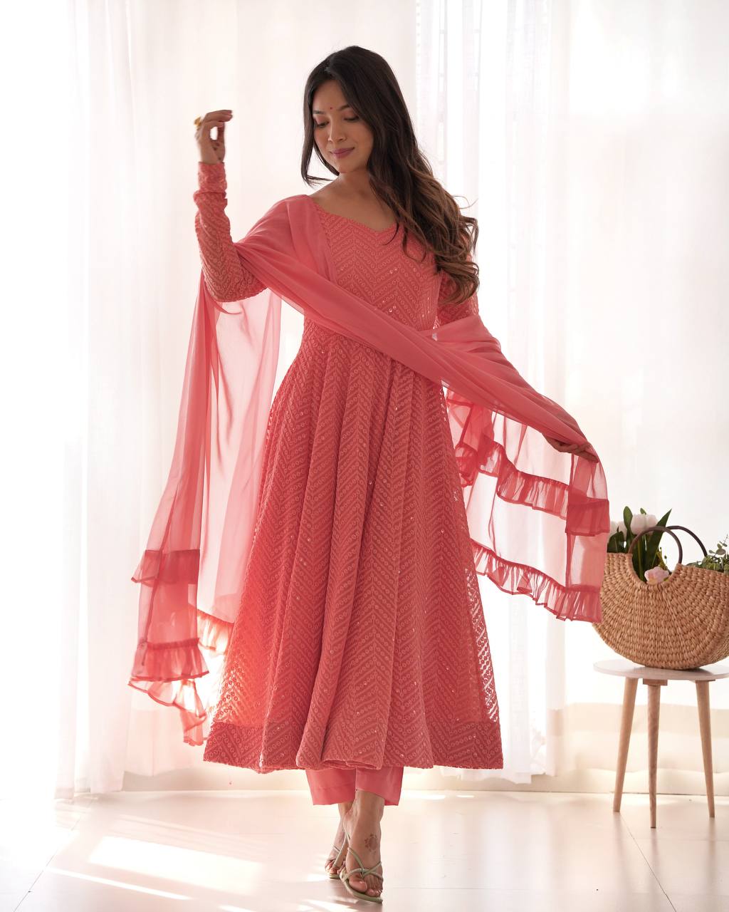 ANVERI TEXTILES Women’s PEACH Embroidered Anarkali Kurta Pant Dupatta Set | Flared Ethnic Suit Set with Sequin Detailing & Ruffle Dupatta for Festive Party Wear