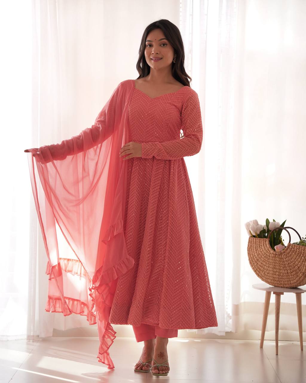 ANVERI TEXTILES Women’s PEACH Embroidered Anarkali Kurta Pant Dupatta Set | Flared Ethnic Suit Set with Sequin Detailing & Ruffle Dupatta for Festive Party Wear