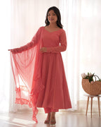 ANVERI TEXTILES Women’s PEACH Embroidered Anarkali Kurta Pant Dupatta Set | Flared Ethnic Suit Set with Sequin Detailing & Ruffle Dupatta for Festive Party Wear