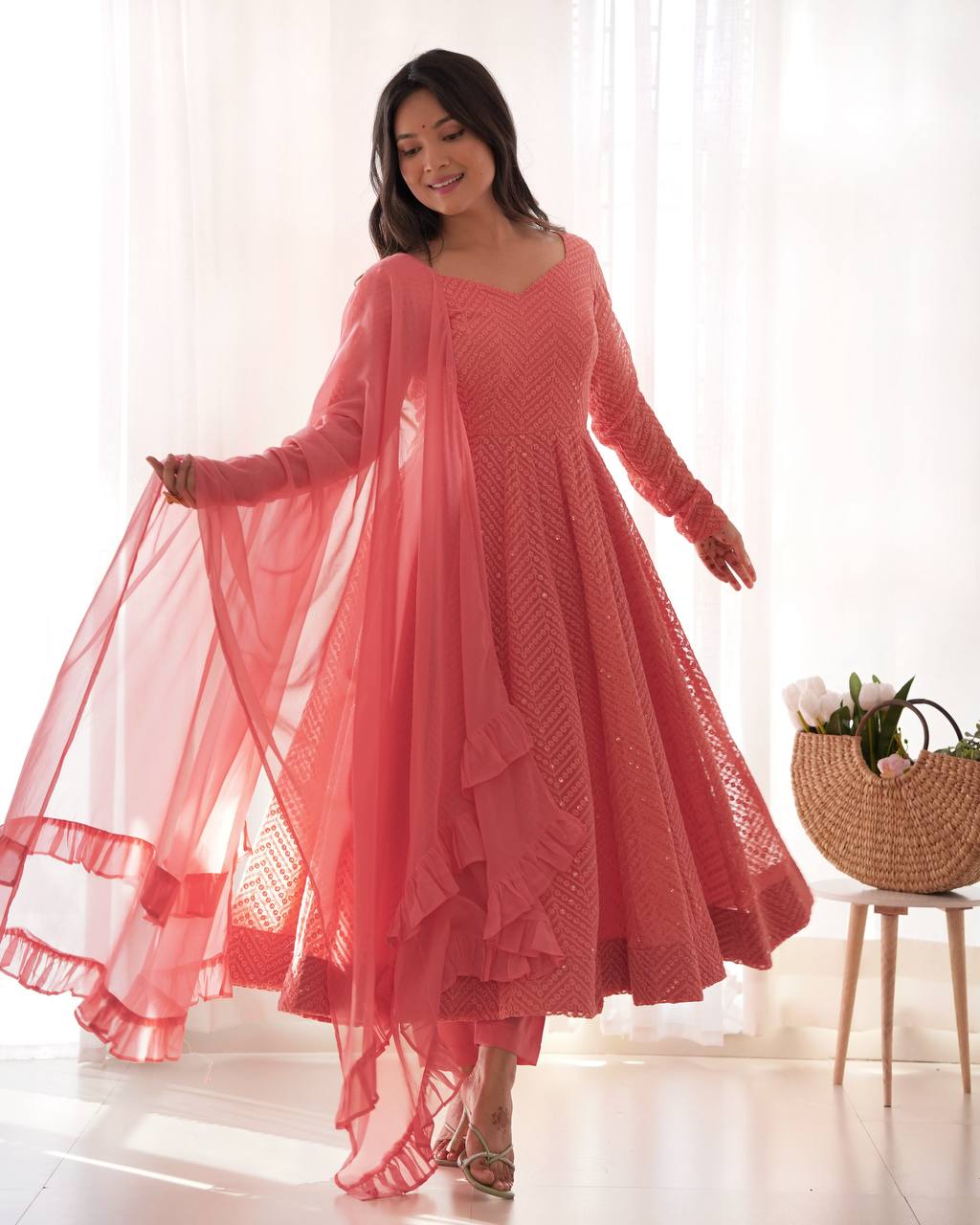ANVERI TEXTILES Women’s PEACH Embroidered Anarkali Kurta Pant Dupatta Set | Flared Ethnic Suit Set with Sequin Detailing & Ruffle Dupatta for Festive Party Wear