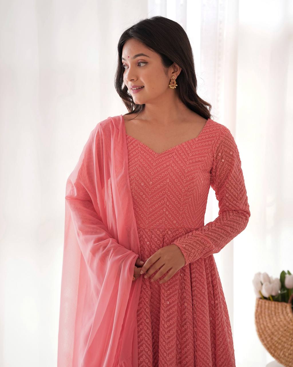 ANVERI TEXTILES Women’s PEACH Embroidered Anarkali Kurta Pant Dupatta Set | Flared Ethnic Suit Set with Sequin Detailing & Ruffle Dupatta for Festive Party Wear
