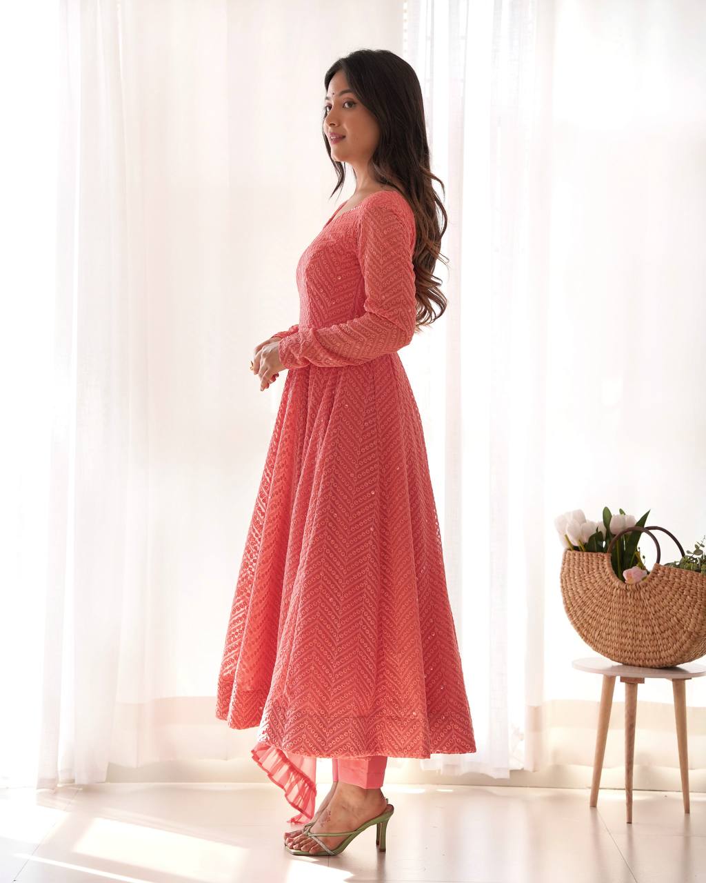 ANVERI TEXTILES Women’s PEACH Embroidered Anarkali Kurta Pant Dupatta Set | Flared Ethnic Suit Set with Sequin Detailing & Ruffle Dupatta for Festive Party Wear
