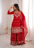 ANVERI TEXTILES  Women’s Red Embroidered Kurta Sharara Set with Dupatta | Traditional Ethnic 3-Piece Suit Set | Festive, Wedding & Party Wear