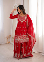 ANVERI TEXTILES  Women’s Red Embroidered Kurta Sharara Set with Dupatta | Traditional Ethnic 3-Piece Suit Set | Festive, Wedding & Party Wear