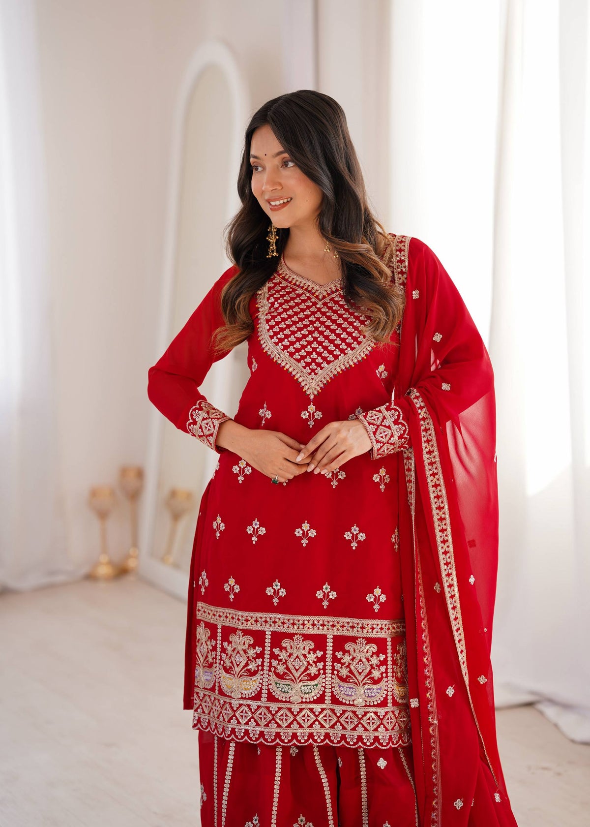 ANVERI TEXTILES  Women’s Red Embroidered Kurta Sharara Set with Dupatta | Traditional Ethnic 3-Piece Suit Set | Festive, Wedding & Party Wear
