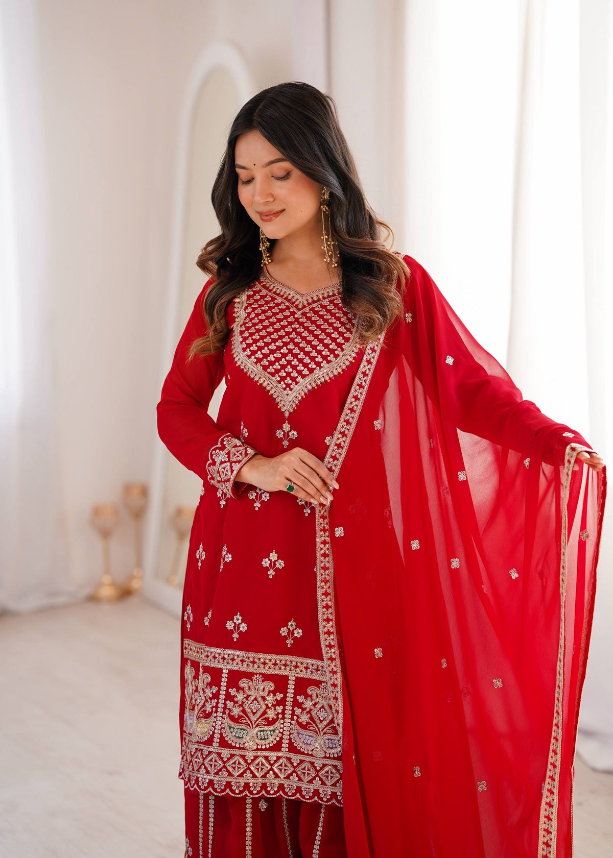 ANVERI TEXTILES  Women’s Red Embroidered Kurta Sharara Set with Dupatta | Traditional Ethnic 3-Piece Suit Set | Festive, Wedding & Party Wear