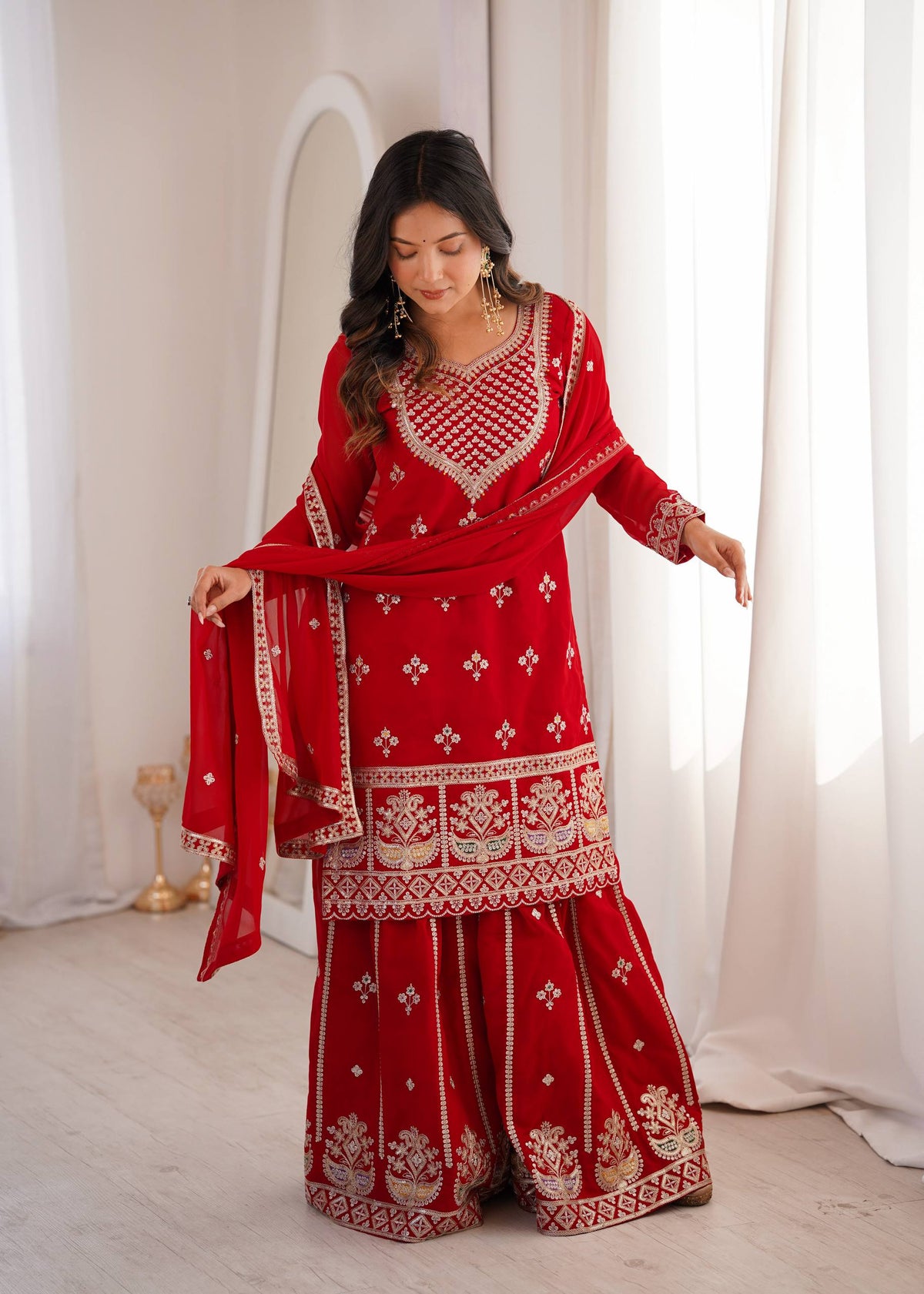 ANVERI TEXTILES  Women’s Red Embroidered Kurta Sharara Set with Dupatta | Traditional Ethnic 3-Piece Suit Set | Festive, Wedding & Party Wear