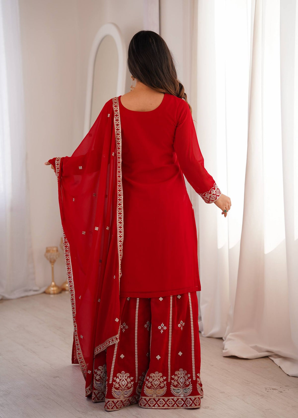 ANVERI TEXTILES  Women’s Red Embroidered Kurta Sharara Set with Dupatta | Traditional Ethnic 3-Piece Suit Set | Festive, Wedding & Party Wear