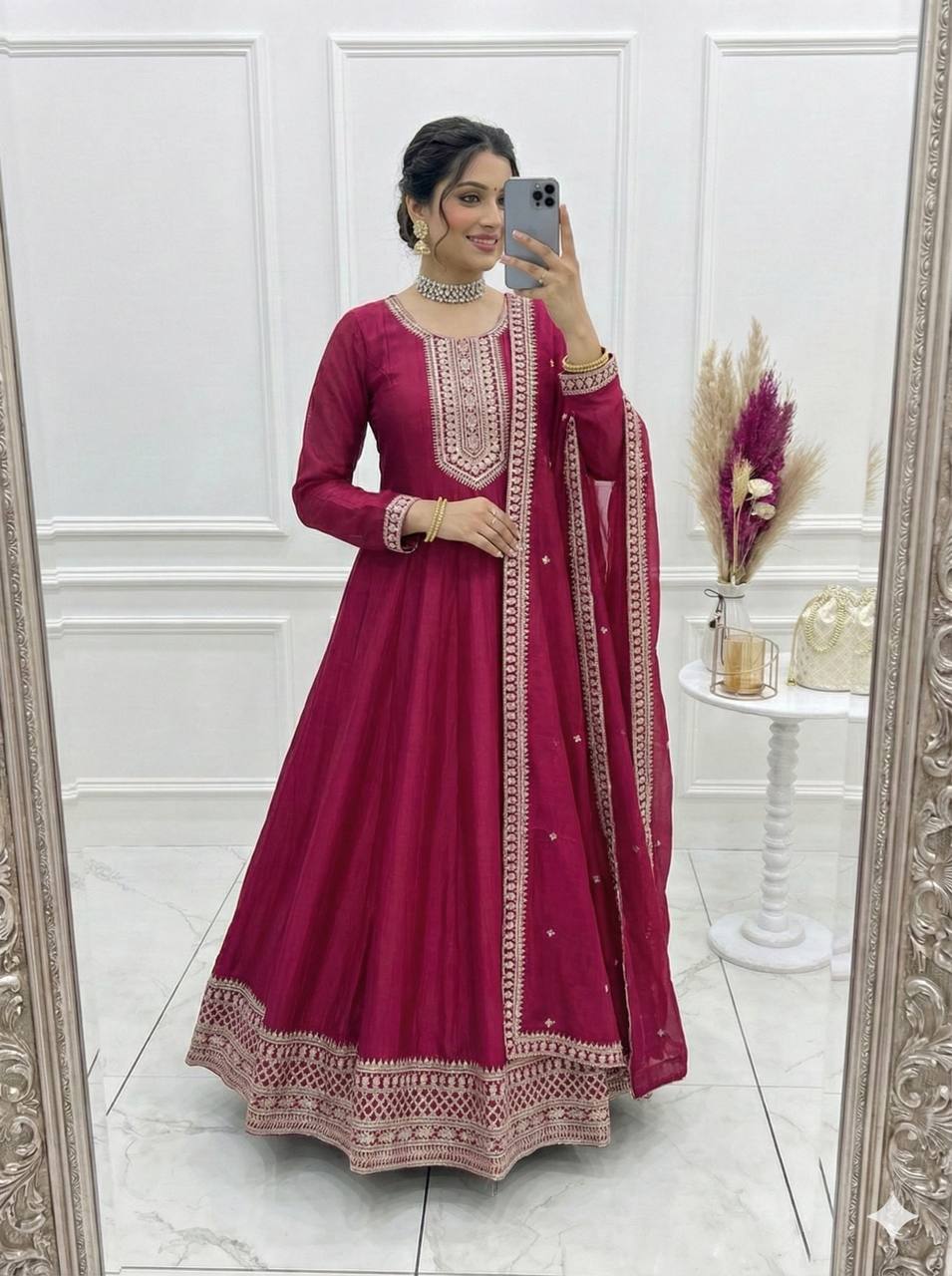 Shishkala Women’s Wine Embroidered Anarkali Kurta Pant Dupatta Set | Flared Ethnic Suit Set with Traditional Embroidery & Border Detailing for Festive Party Wear