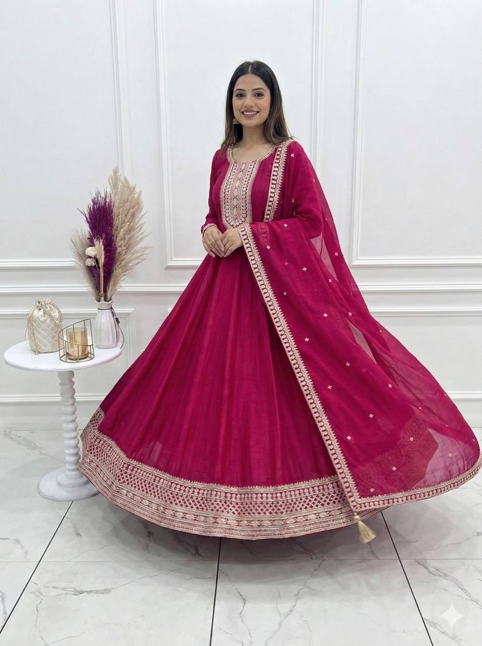 Shishkala Women’s Wine Embroidered Anarkali Kurta Pant Dupatta Set | Flared Ethnic Suit Set with Traditional Embroidery & Border Detailing for Festive Party Wear