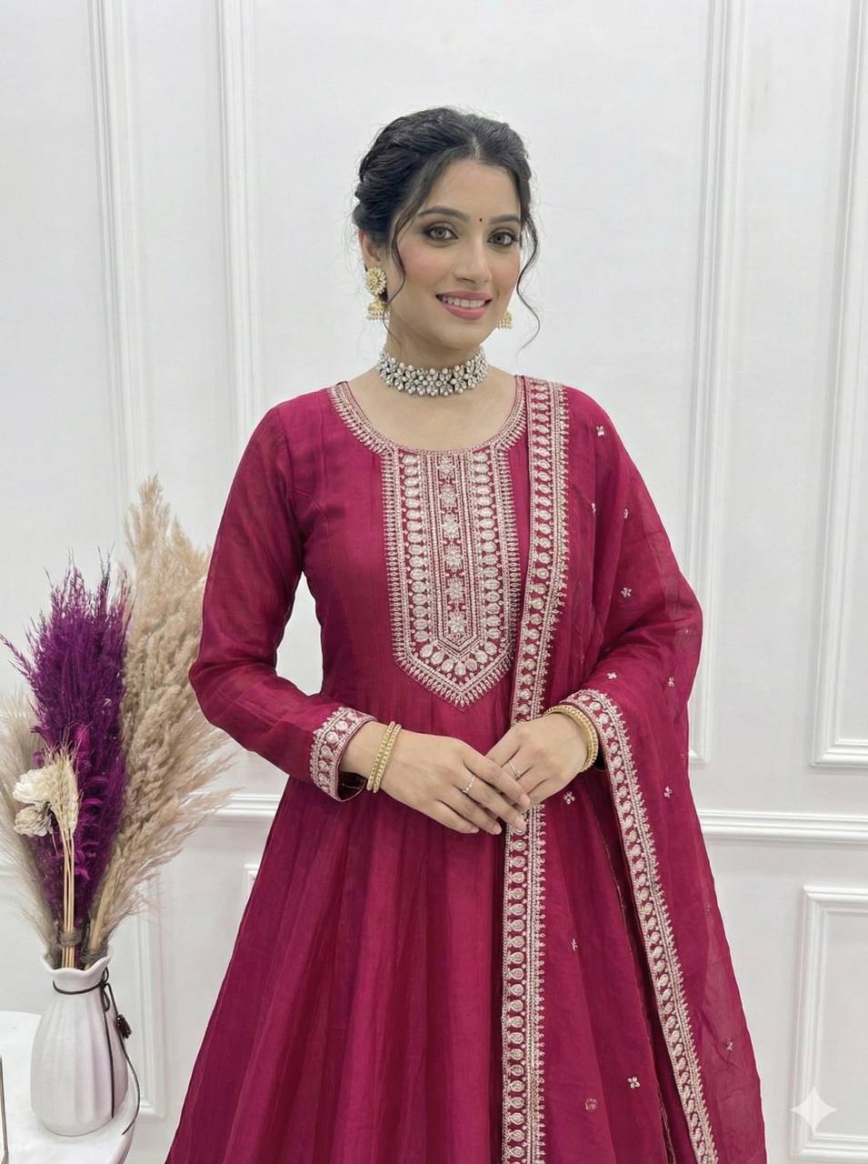 Shishkala Women’s Wine Embroidered Anarkali Kurta Pant Dupatta Set | Flared Ethnic Suit Set with Traditional Embroidery & Border Detailing for Festive Party Wear