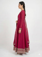 Shishkala Women’s Wine Embroidered Anarkali Kurta Pant Dupatta Set | Flared Ethnic Suit Set with Traditional Embroidery & Border Detailing for Festive Party Wear