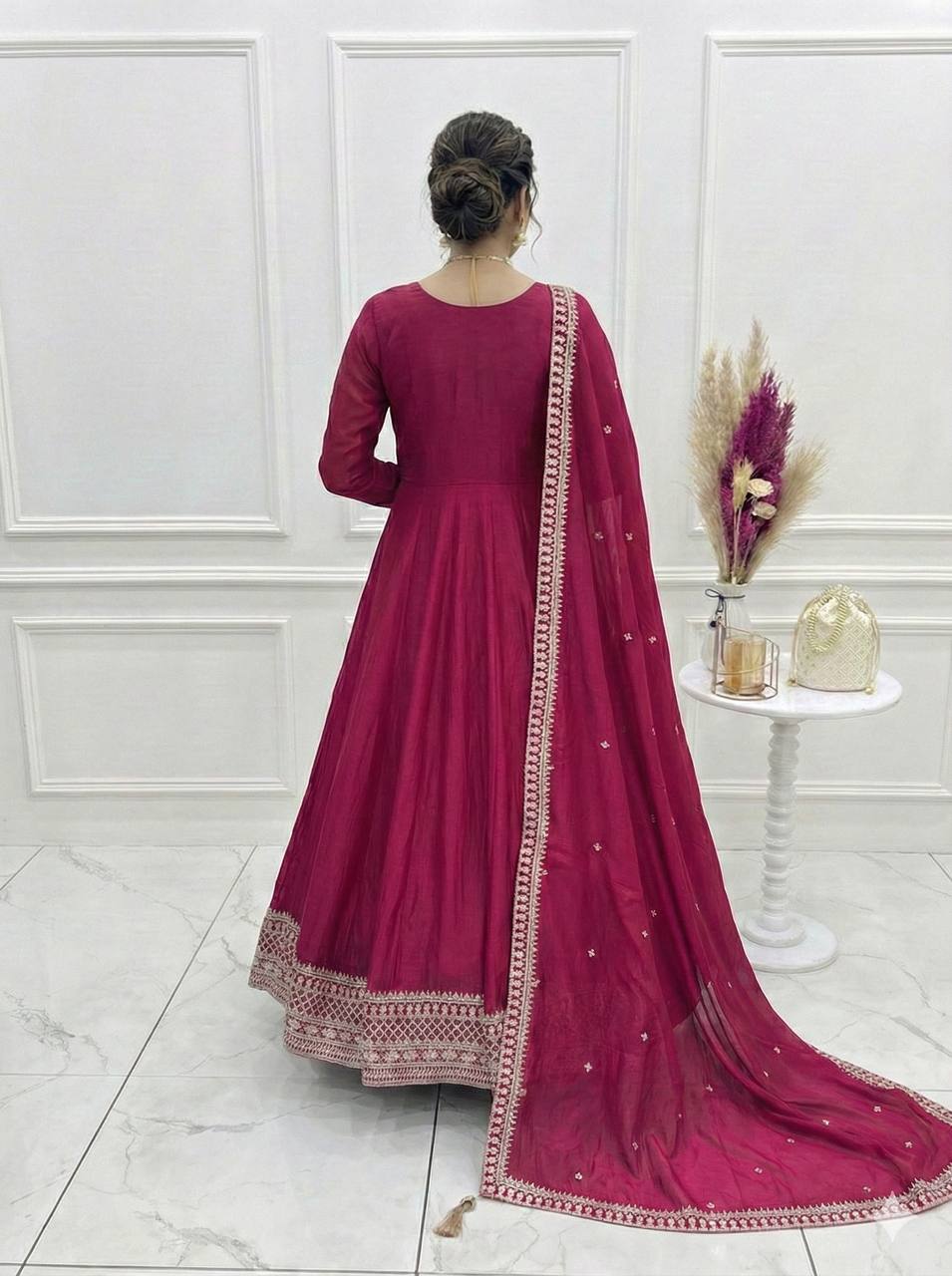 Shishkala Women’s Wine Embroidered Anarkali Kurta Pant Dupatta Set | Flared Ethnic Suit Set with Traditional Embroidery & Border Detailing for Festive Party Wear