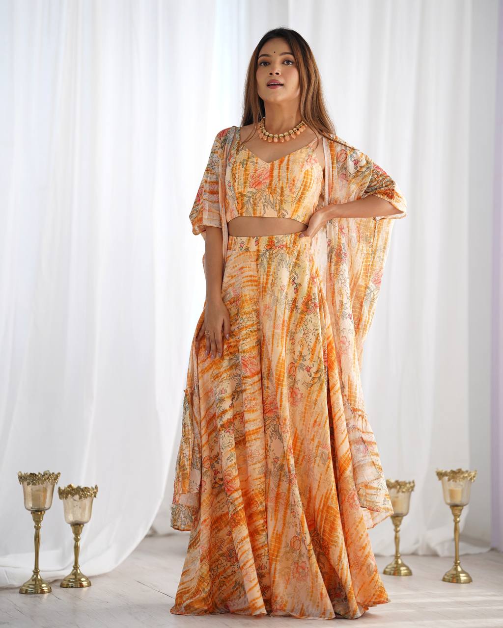 ANVERI TEXTILES  Women Floral Printed Crop Top & Palazzo Set with Cape | Stylish Co-Ord Set for Casual & Festive Wear