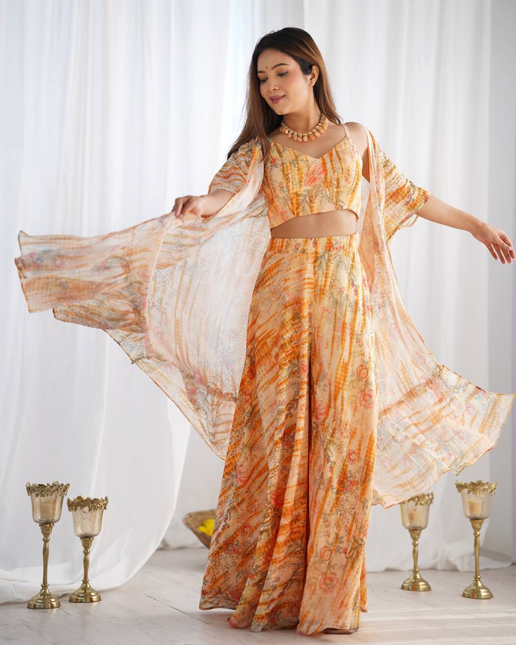 ANVERI TEXTILES  Women Floral Printed Crop Top & Palazzo Set with Cape | Stylish Co-Ord Set for Casual & Festive Wear
