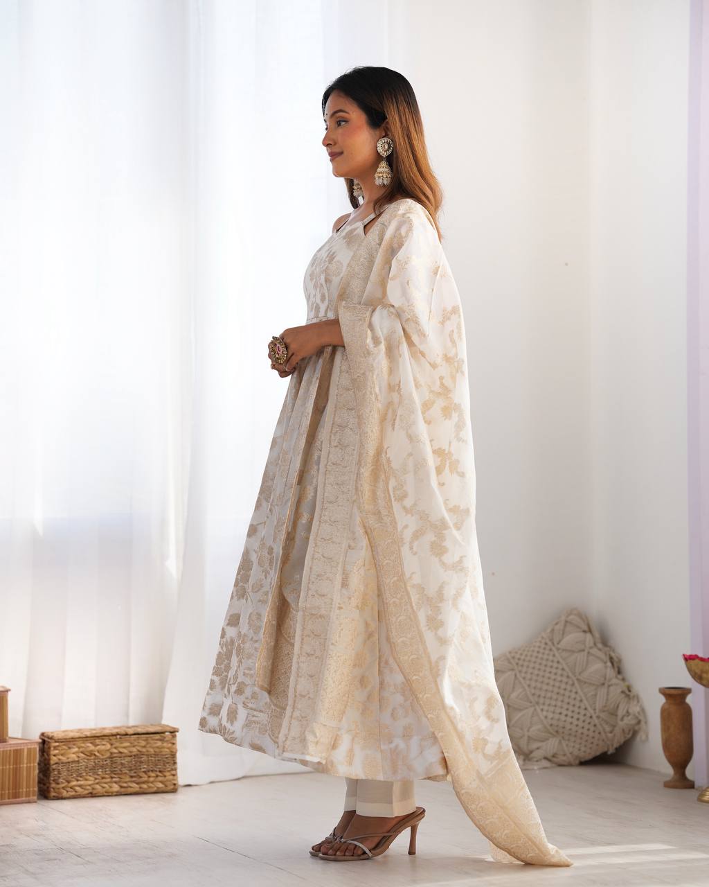 ANVERI TEXTILES Women’s Elegant Printed Anarkali Dress with Dupatta | Ethnic Flared Kurta Set for Festive & Wedding Wear
