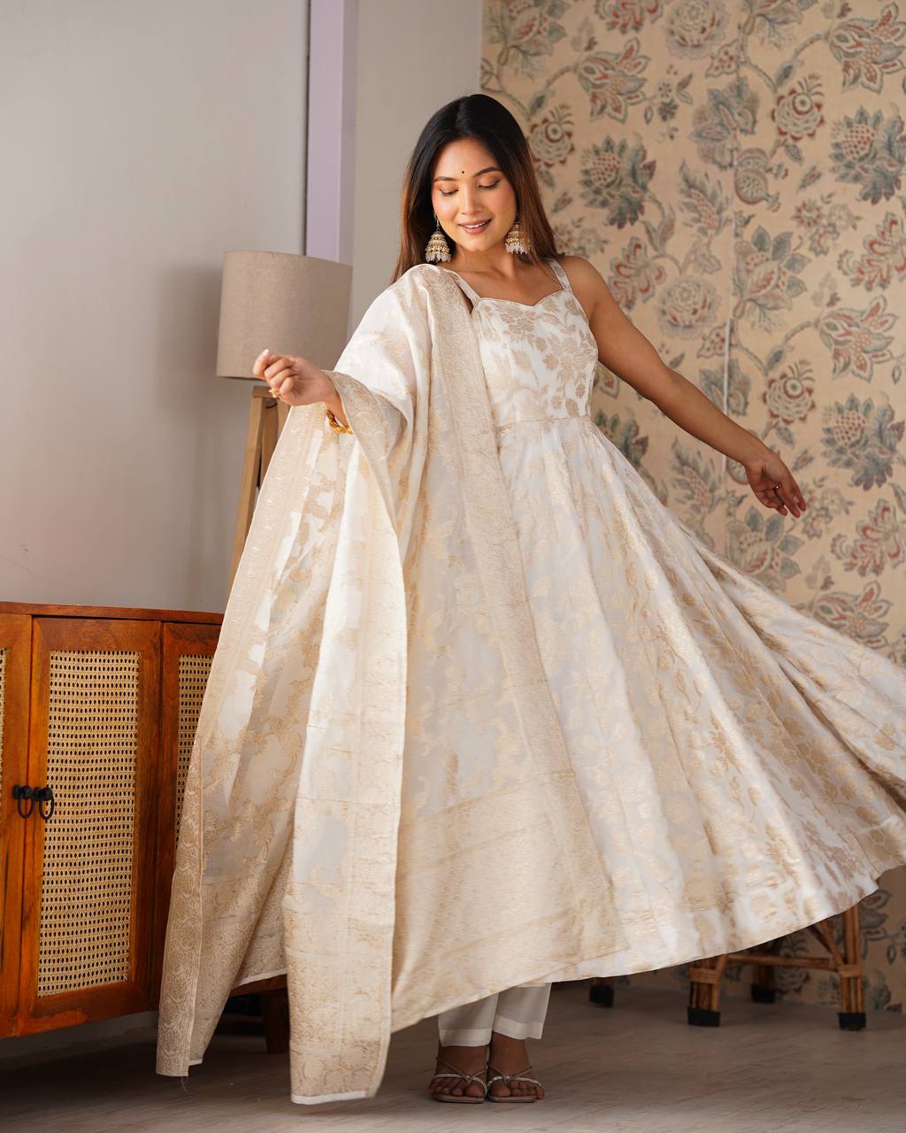ANVERI TEXTILES Women’s Elegant Printed Anarkali Dress with Dupatta | Ethnic Flared Kurta Set for Festive & Wedding Wear