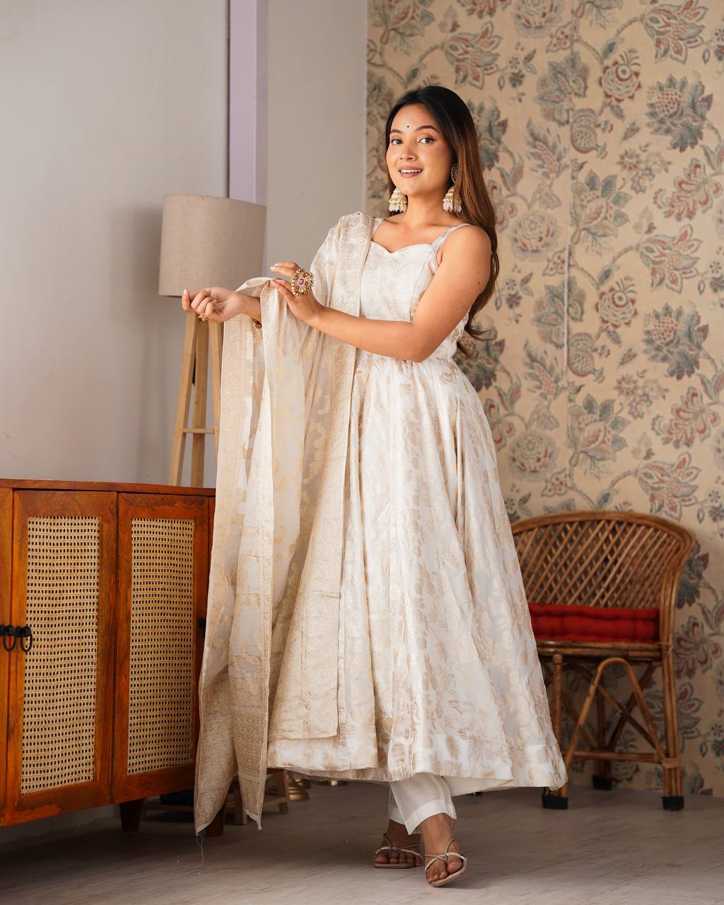 ANVERI TEXTILES Women’s Elegant Printed Anarkali Dress with Dupatta | Ethnic Flared Kurta Set for Festive & Wedding Wear