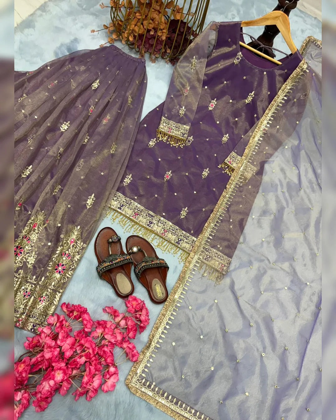 Anveri  Textiles Purple Net Embroidered Kurti Sharara Dupatta Set for Women – Round Neck, 3/4th Sleeves, Above Knee Length Kurta – Ethnic Party Wear Dress Ensemble