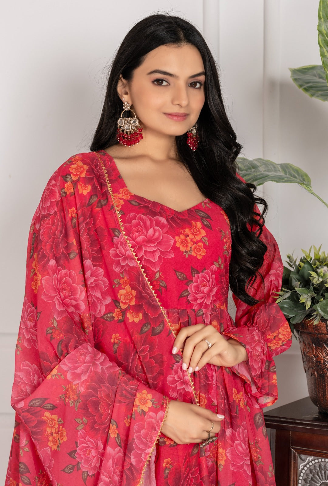 Elegant Floral Red Georgette Anarkali Gown for Women