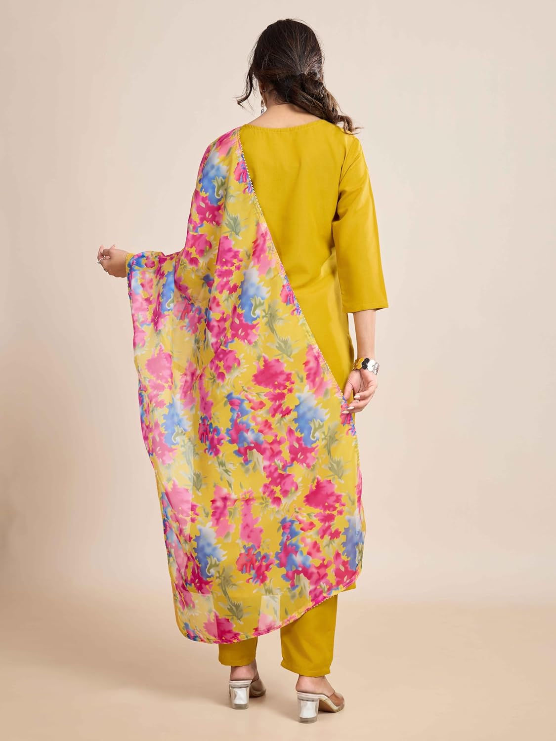 Women’s Mustard Yellow Kurta Pant Set with Floral Printed Dupatta | Elegant Ethnic Three Piece Suit
