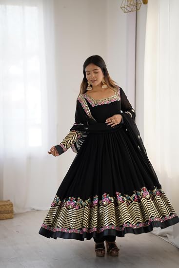anveri Women's Embroidered Faux Georgette Anarkali Gown with Dupatta | Party Wear Ethnic Gown Set