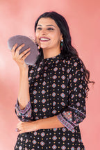 Anveri Textile Women's Black Cotton 2-Piece Set - Short Top with 3/4 Sleeves & Collar Neck, Printed Black Bottom for Stylish and Comfortable Wear(237_Rakhi_Black)