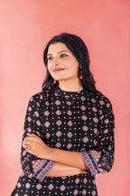 Anveri Textile Women's Black Cotton 2-Piece Set - Short Top with 3/4 Sleeves & Collar Neck, Printed Black Bottom for Stylish and Comfortable Wear(237_Rakhi_Black)