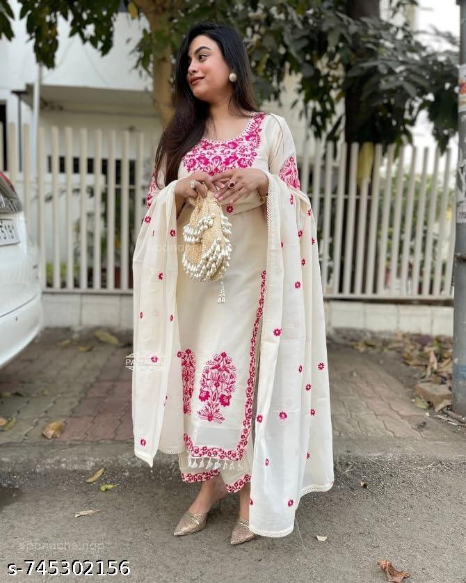 Anveri Women Cream & Pink Floral Embroidered Kurta Set with Dupatta | Ethnic Wear Straight Kurta Pant Set for Festive, Party & Daily Wear