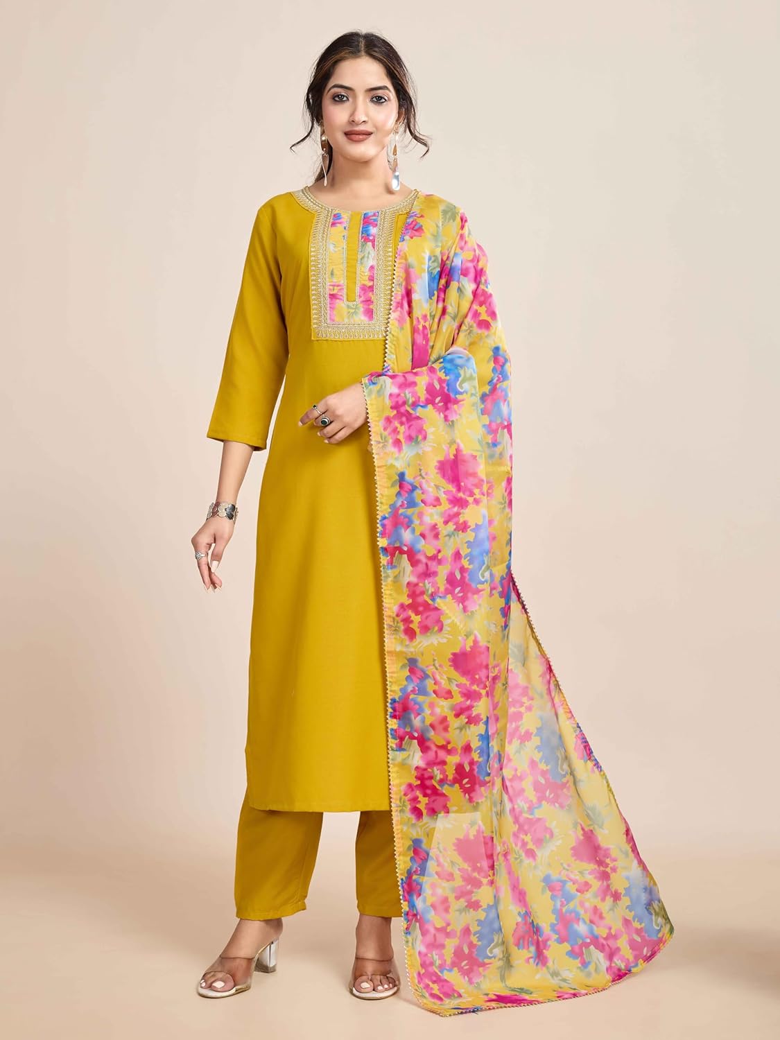 Women’s Mustard Yellow Kurta Pant Set with Floral Printed Dupatta | Elegant Ethnic Three Piece Suit