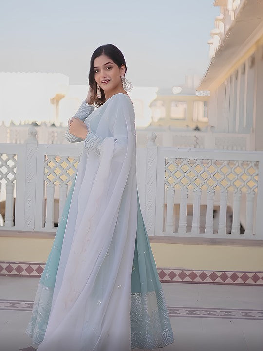 Pastel Blue Embroidered Anarkali with White Dupatta