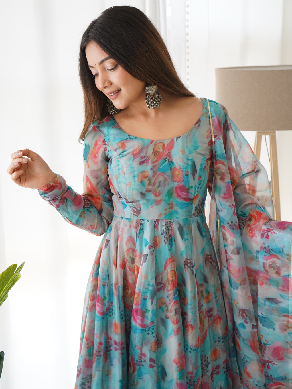 Women’s Floral Printed Anarkali Gown with Dupatta | Elegant Georgette Floor-Length Ethnic Dress for Festive & Wedding Wear