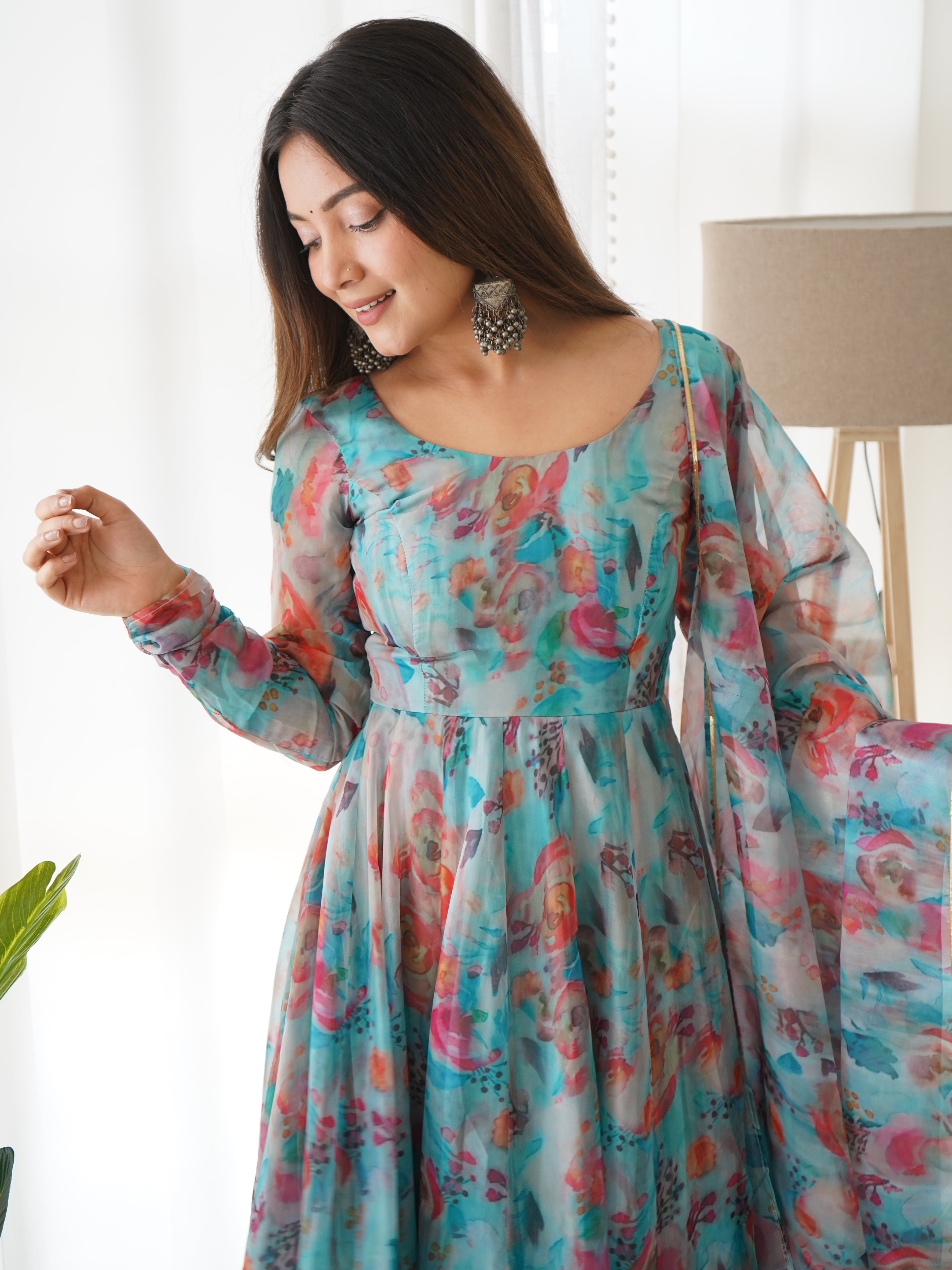 Women’s Floral Printed Anarkali Gown with Dupatta | Elegant Georgette Floor-Length Ethnic Dress for Festive & Wedding Wear