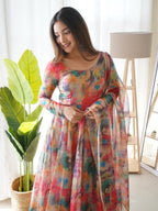 Women’s Floral Printed Anarkali Gown with Dupatta | Elegant Georgette Floor-Length Ethnic Dress for Festive & Wedding Wear