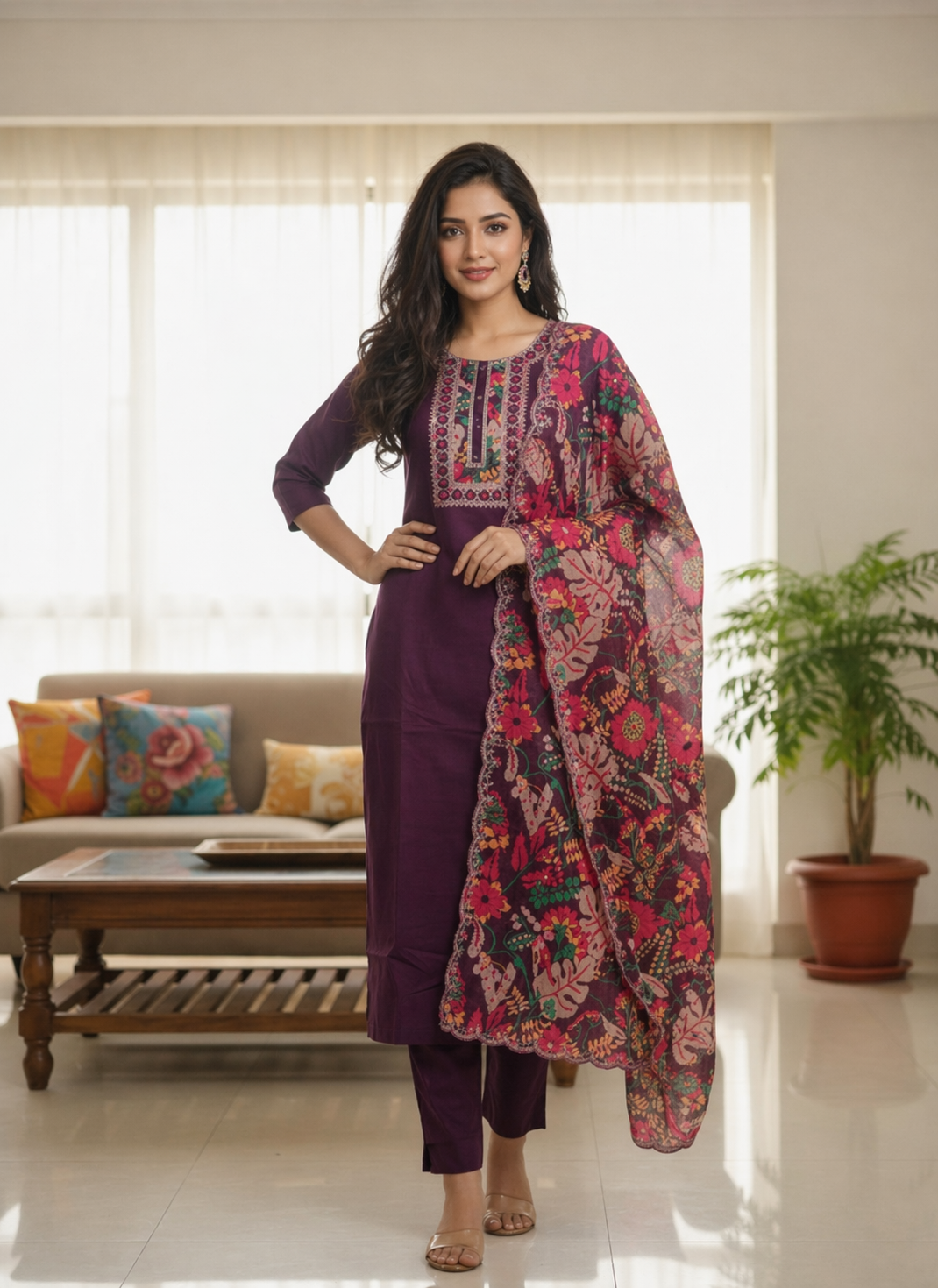 Women Kurta Set with Floral Printed Dupatta | Straight Kurta Pant Set | Embroidered Ethnic Wear for Women | Festive & Casual Suit Set