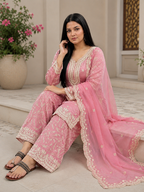 ANVERI Women’s Pink Embroidered Kurta Palazzo Set with Dupatta | Elegant Ethnic Suit Set