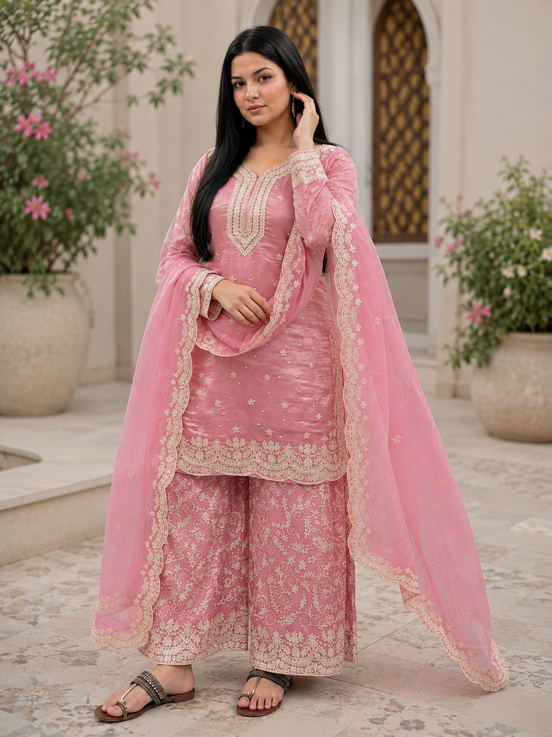 ANVERI Women’s Pink Embroidered Kurta Palazzo Set with Dupatta | Elegant Ethnic Suit Set