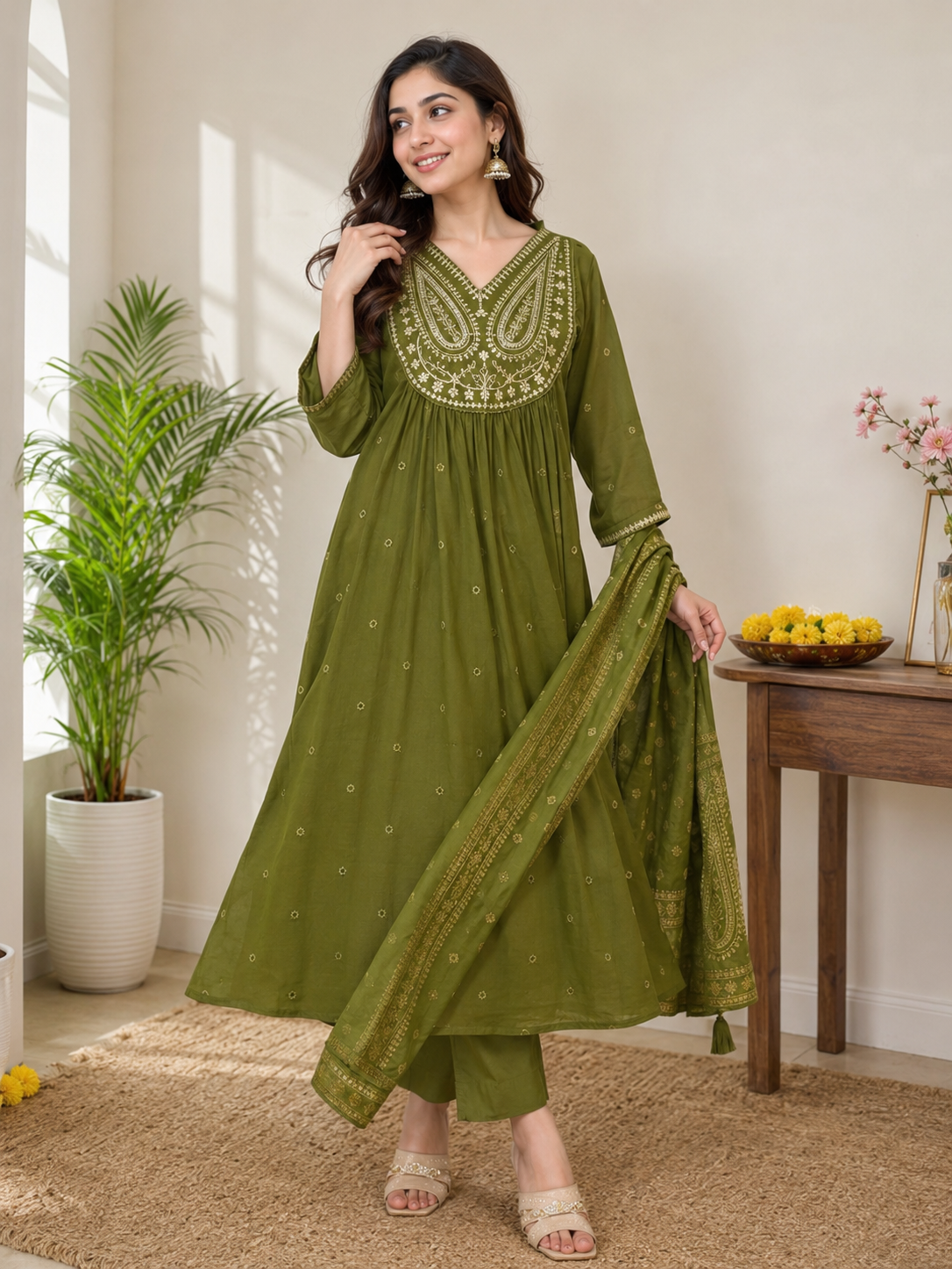 ANVERI Women’s Olive Green Embroidered Anarkali Kurta Pant Dupatta Set for Festive & Ethnic Wear