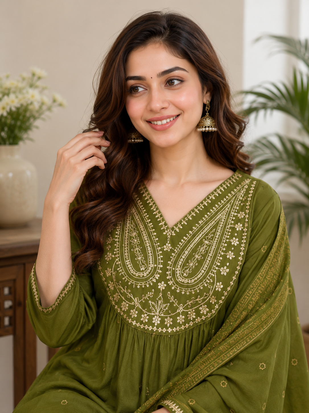 ANVERI Women’s Olive Green Embroidered Anarkali Kurta Pant Dupatta Set for Festive & Ethnic Wear