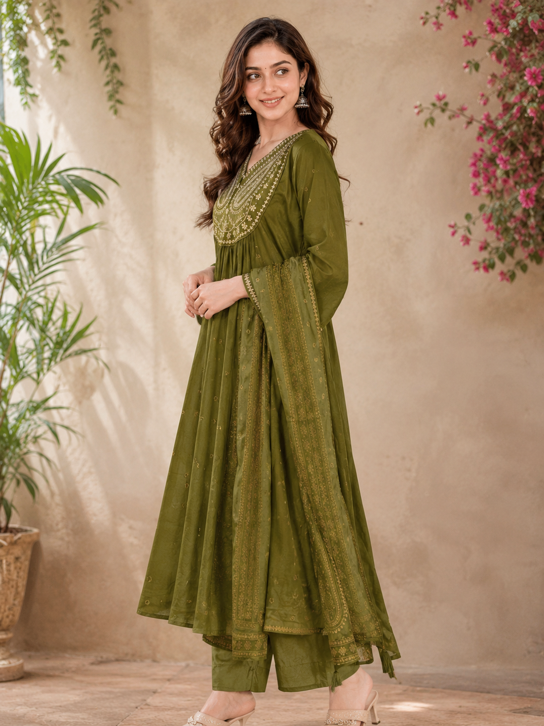 ANVERI Women’s Olive Green Embroidered Anarkali Kurta Pant Dupatta Set for Festive & Ethnic Wear