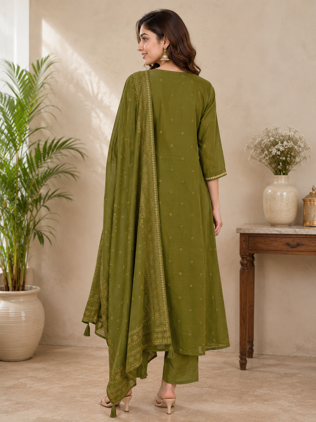 ANVERI Women’s Olive Green Embroidered Anarkali Kurta Pant Dupatta Set for Festive & Ethnic Wear