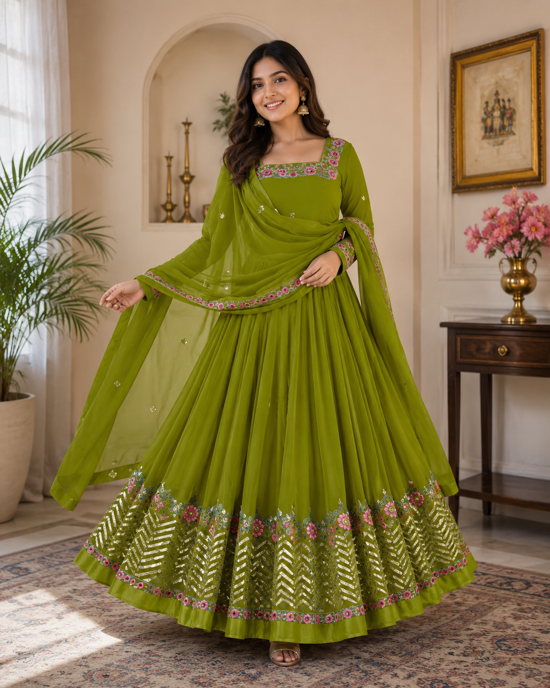 ANVERI Women’s Black, Green, Red, And, Yellow Embroidered Anarkali Kurta Set with Dupatta | Festive Ethnic Wear