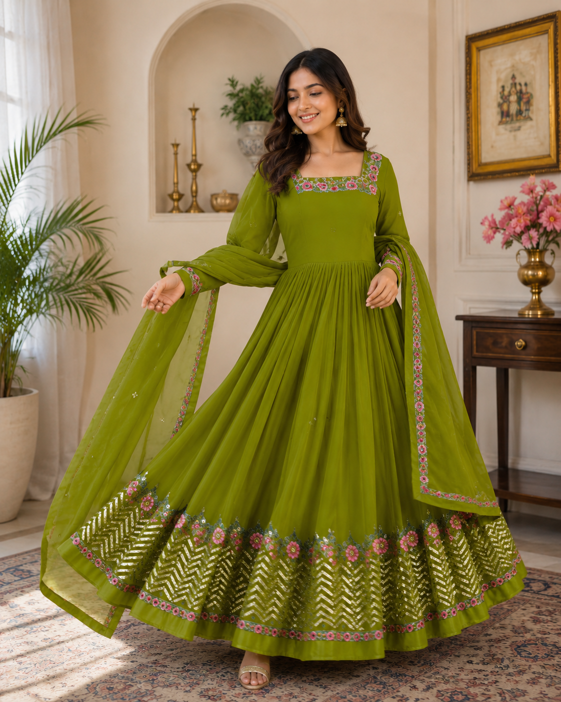 ANVERI Women’s Black, Green, Red, And, Yellow Embroidered Anarkali Kurta Set with Dupatta | Festive Ethnic Wear