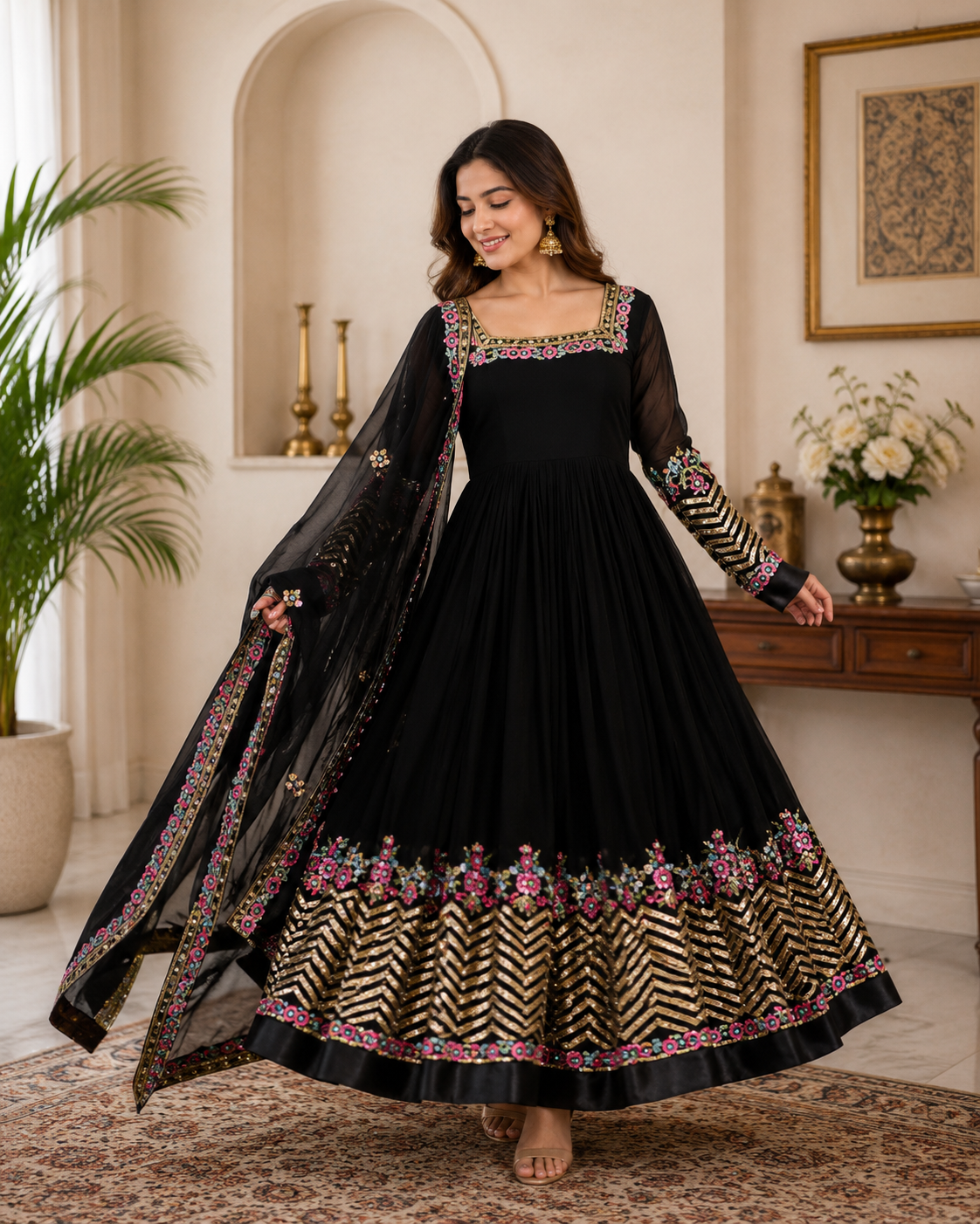ANVERI Women’s Black, Green, Red, And, Yellow Embroidered Anarkali Kurta Set with Dupatta | Festive Ethnic Wear