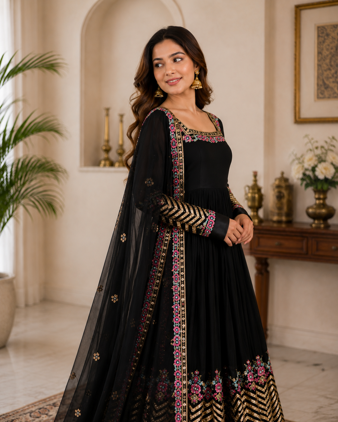 ANVERI Women’s Black, Green, Red, And, Yellow Embroidered Anarkali Kurta Set with Dupatta | Festive Ethnic Wear
